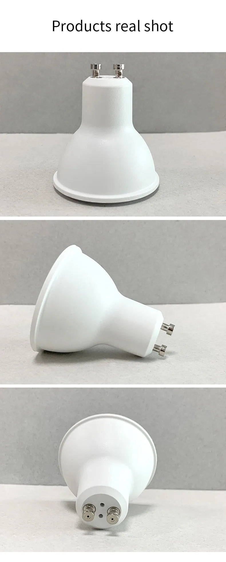 GU10 smart LED spotlight bulb with RGBCCT colours, shown in a standard spotlight socket.
