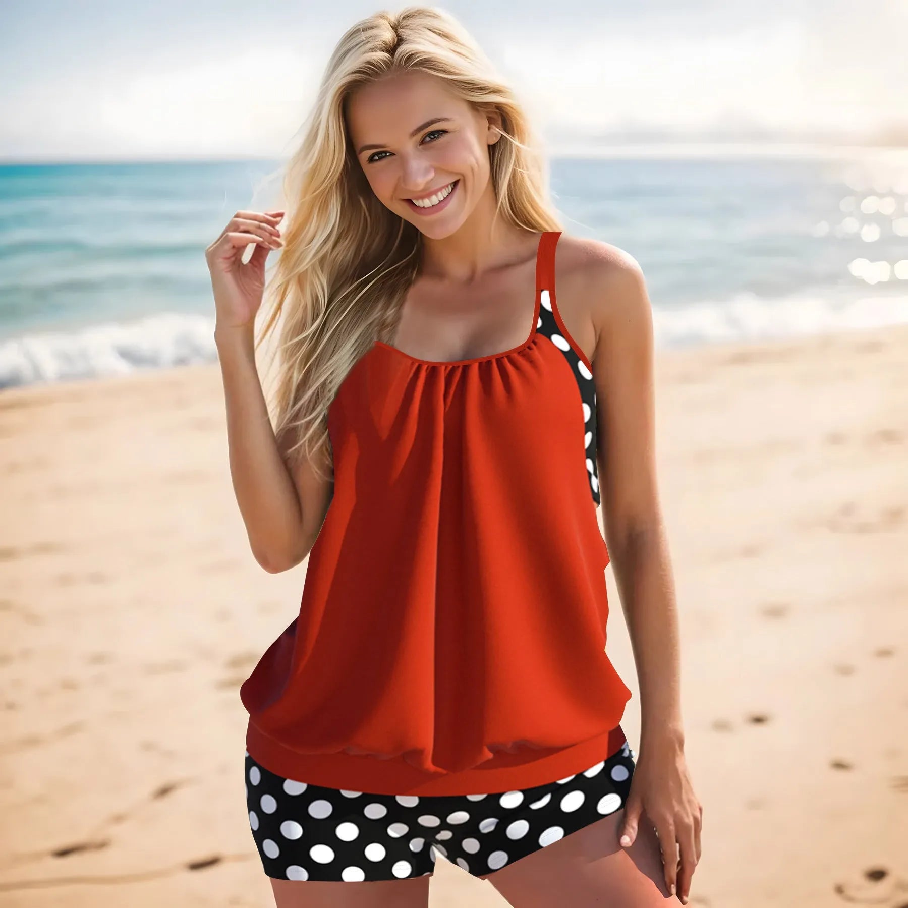 Women's black polka dot high waist boxer swimsuit, two-piece set for swimming.