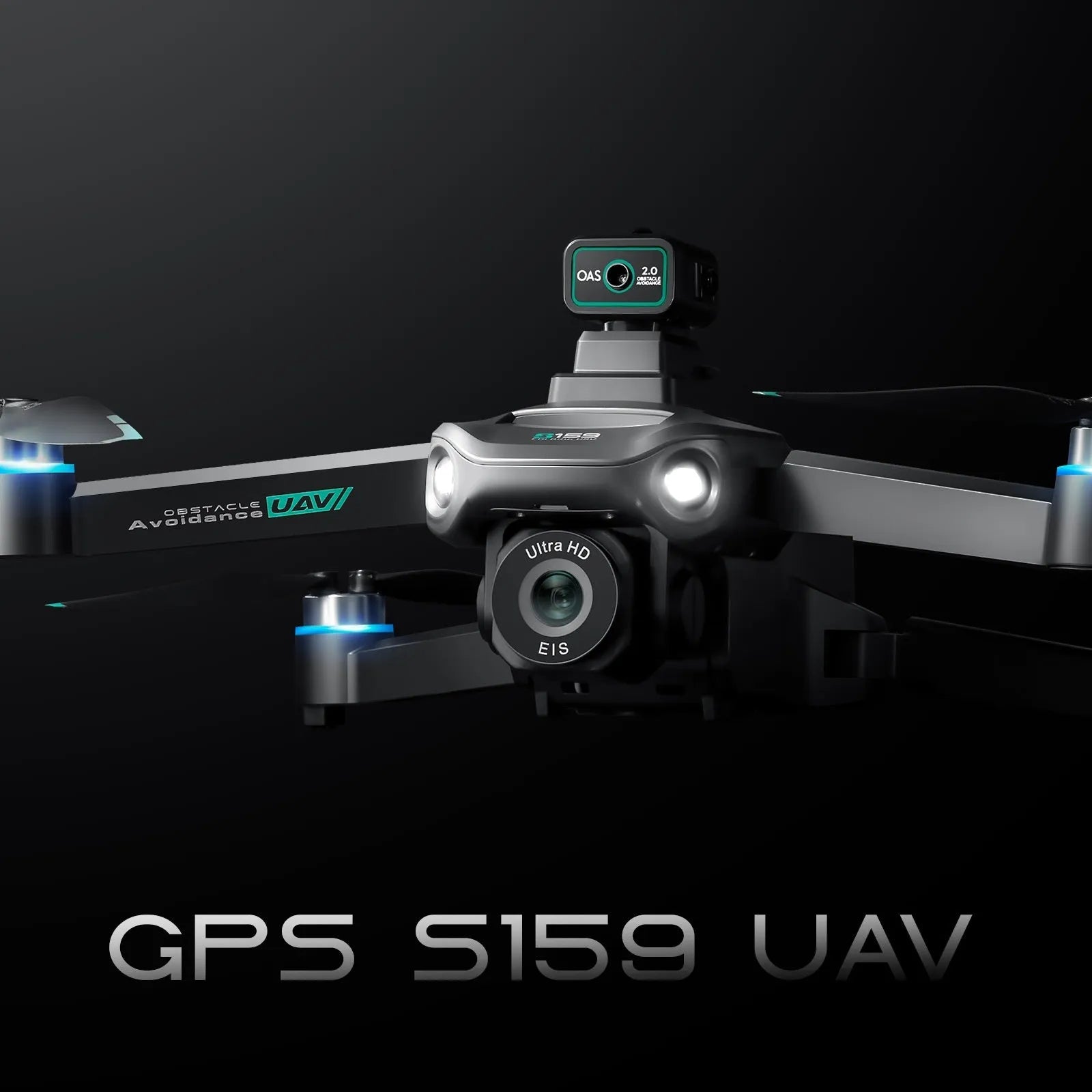 S159 GPS UAV drone with HD camera, black colour, plastic body, obstacle avoidance sensors visible