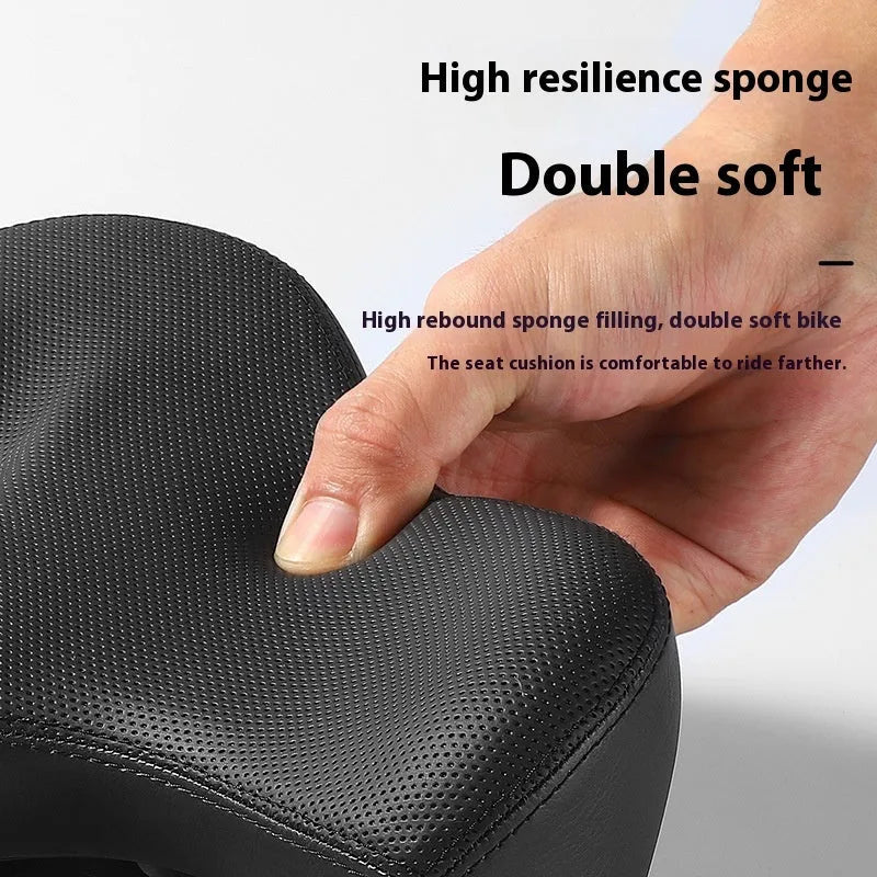Black leather bicycle saddle cushion with polyurethane foam padding for shock absorption.