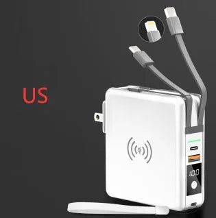 Super QI Wireless Power Bank 10000mAh with built-in plug showing black and white options