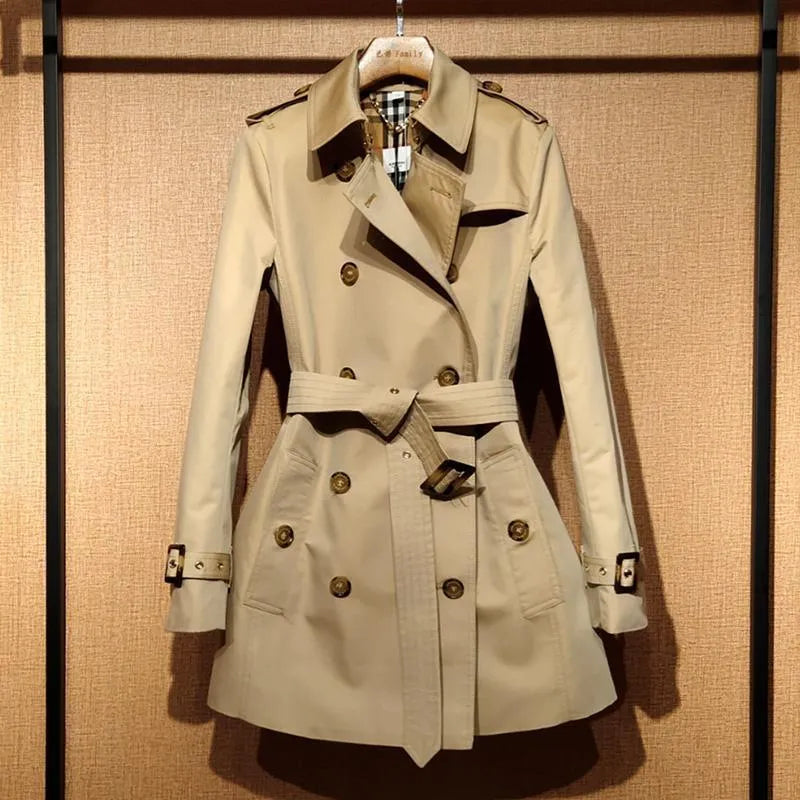 Khaki women's double-breasted polyester trench coat with long flight sleeves.