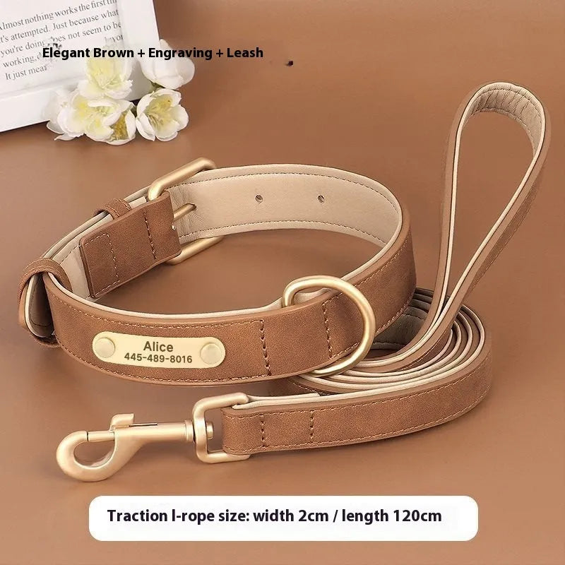 Double-layer leather dog collar and matching lead in rose red, brown or blue