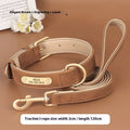 Double-layer leather dog collar and matching lead in rose red, brown or blue