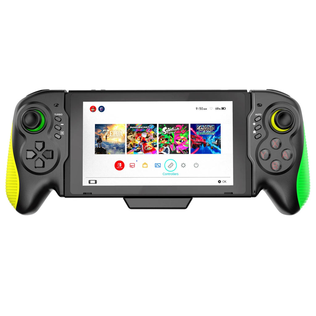 Yellow-green game controller with in-line handle design for Switch and PC gaming with vibration feedback