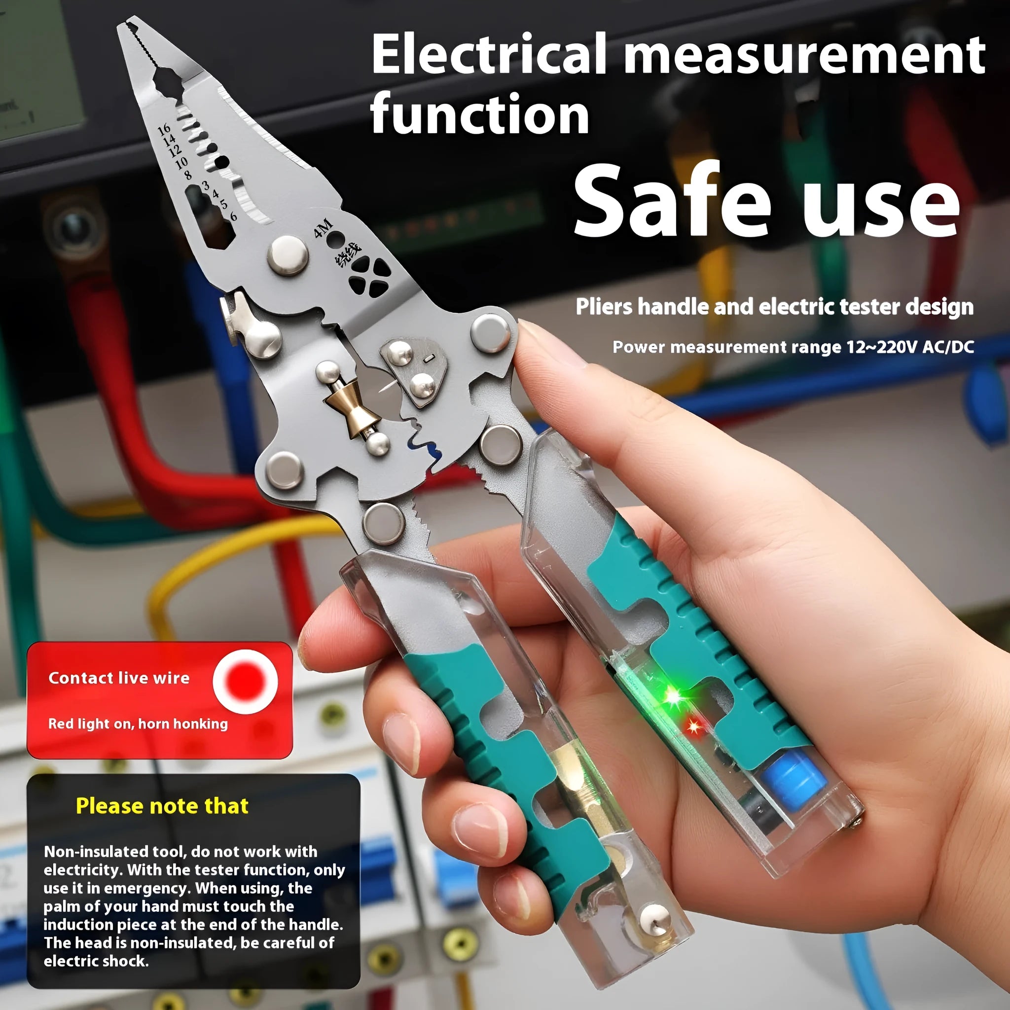 Electricians' multi-functional pointed pliers and wire stripper tool made of steel.