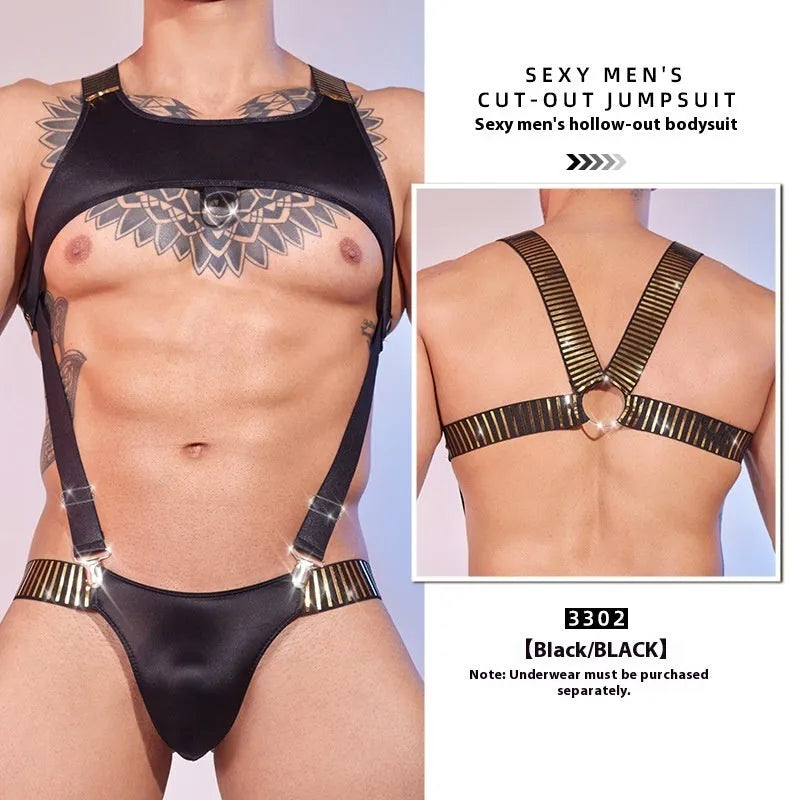 Sexy cutout men's new slim top in black nylon, average size, front view on male model