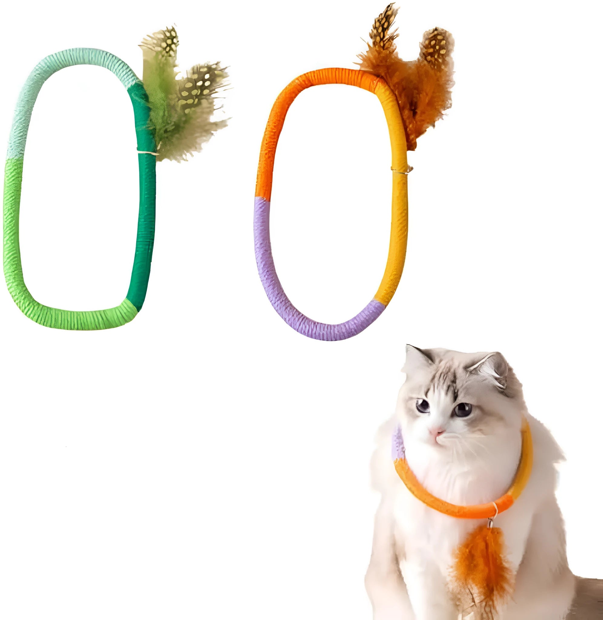 Circular cotton rope cat toy with feathers and catnip measuring 25cm in green and purple colours
