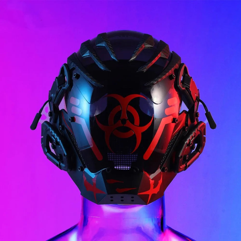 Black cyborg-style full face prop mask helmet with bioweapon design on a white background.