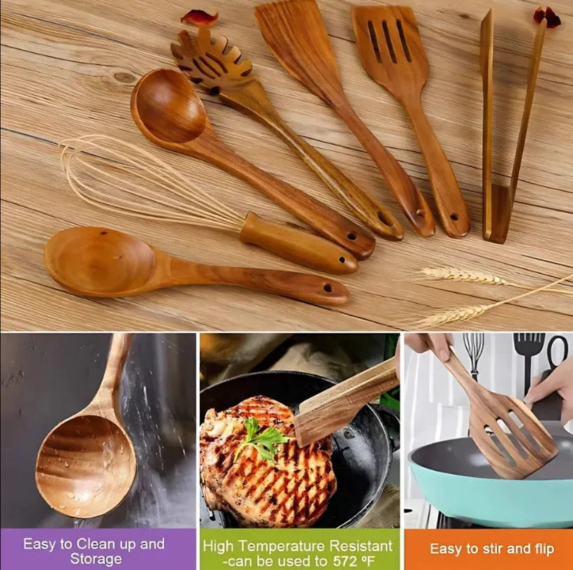 7-piece wooden cooking utensil set with spoons and shovels for non-stick pans