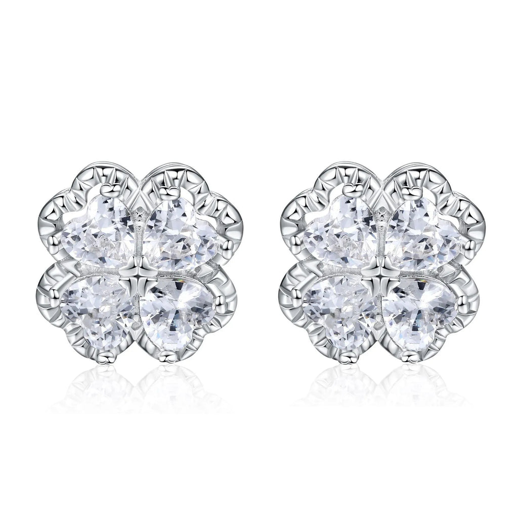 925 silver heart-shaped earrings with four-leaf clover design and zircon stones