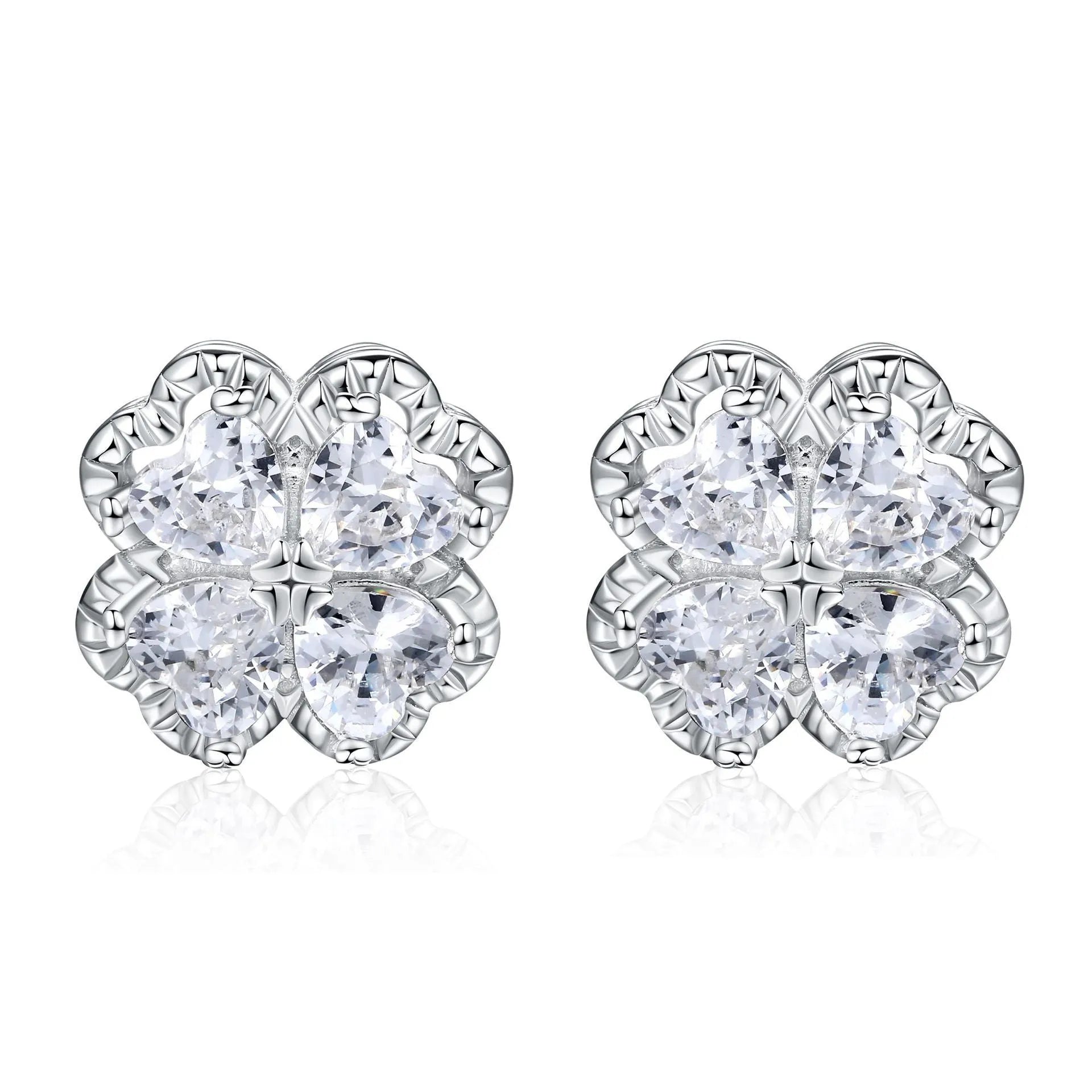925 silver heart-shaped earrings with four-leaf clover design and zircon stones