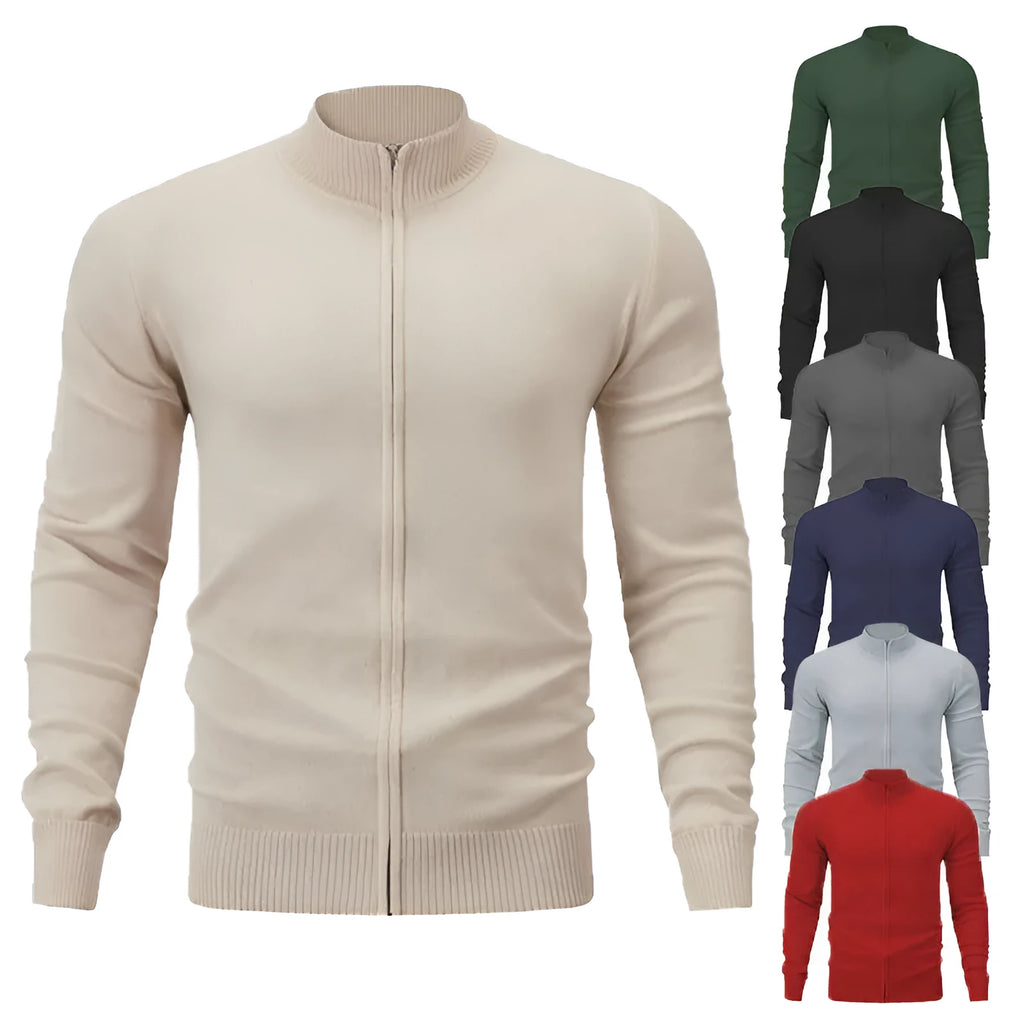 Men's loose fit cotton zip-up sweater with a stand collar in a solid colour