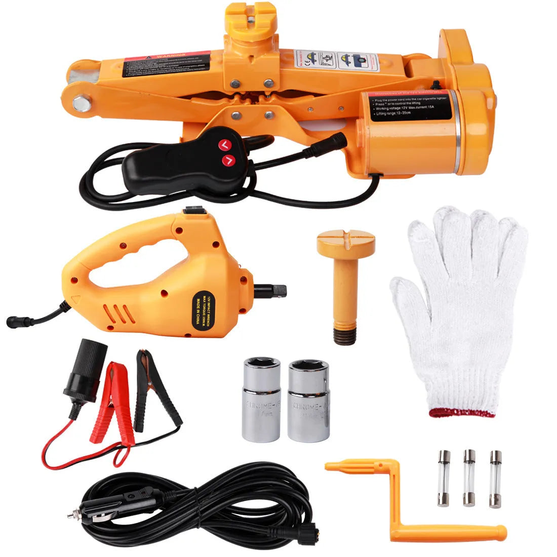 Yellow electric car jack set with cordless wrench for 2 tonne vehicles