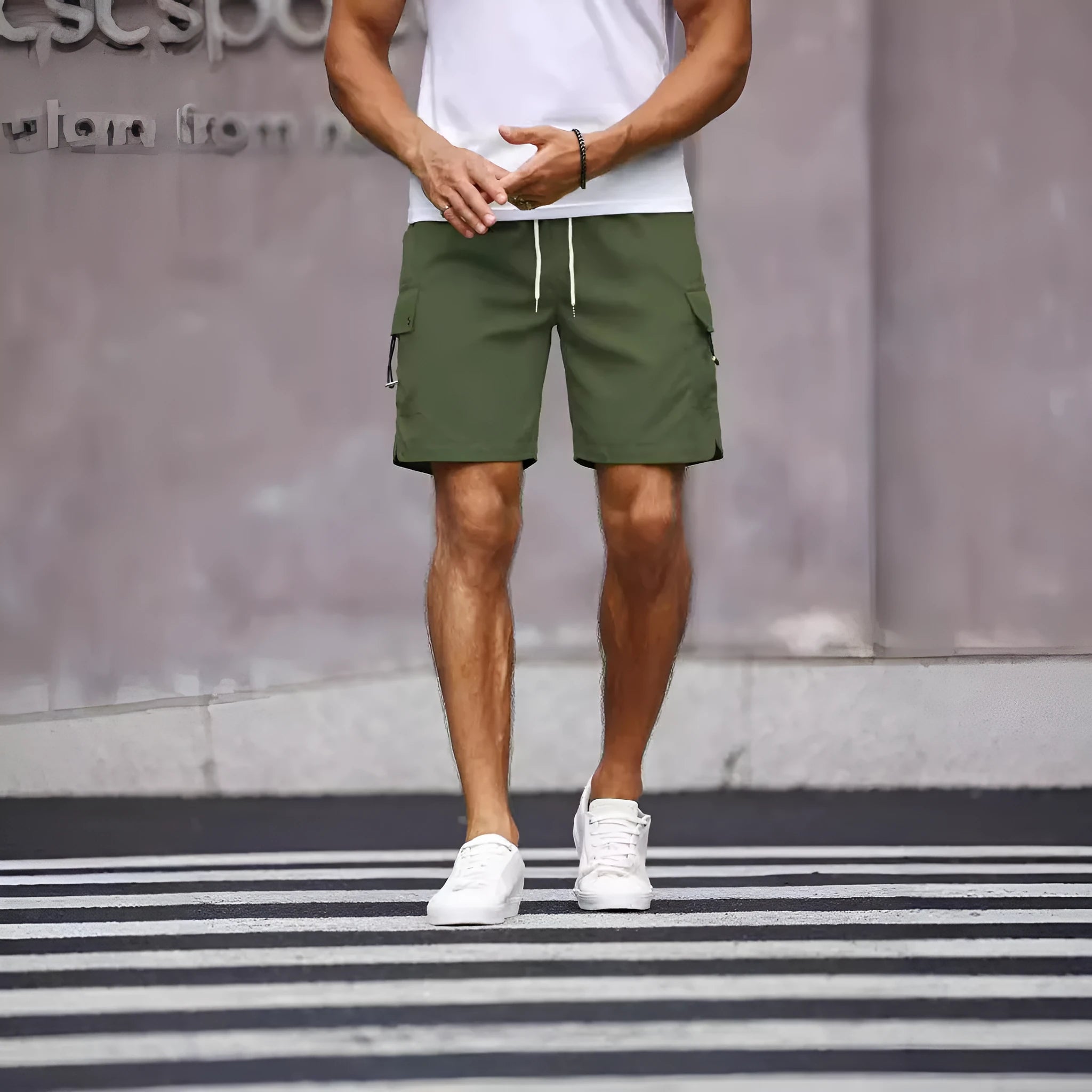 Men's loose fit workwear shorts in Cool Silk Cotton fabric showing fluorescent green and army green colour options