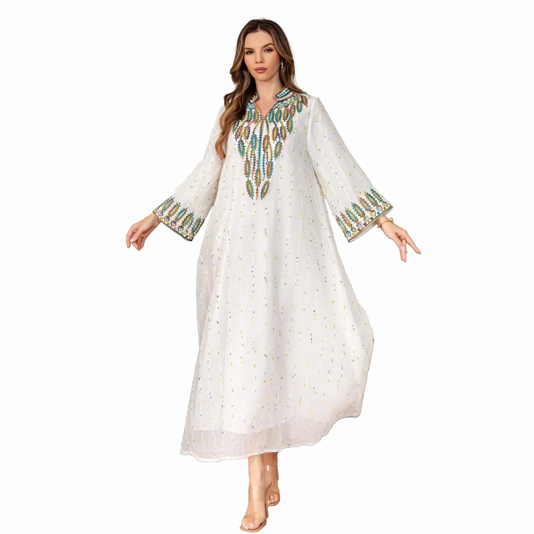 White full-length women's Arabic polyester kaftan robe with long sleeves