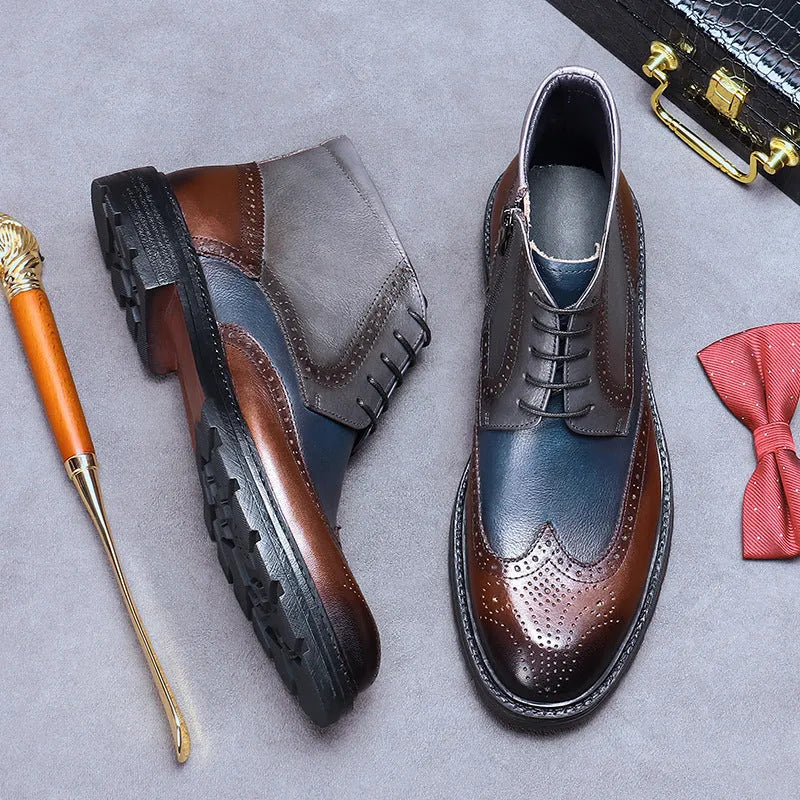 Men's coffee blue leather brogue boots with colour-block design and carved detailing on a low square heel.