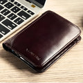 Men's leather wallet in black or brown with banknote folder, card slots, coin pocket, and photo window