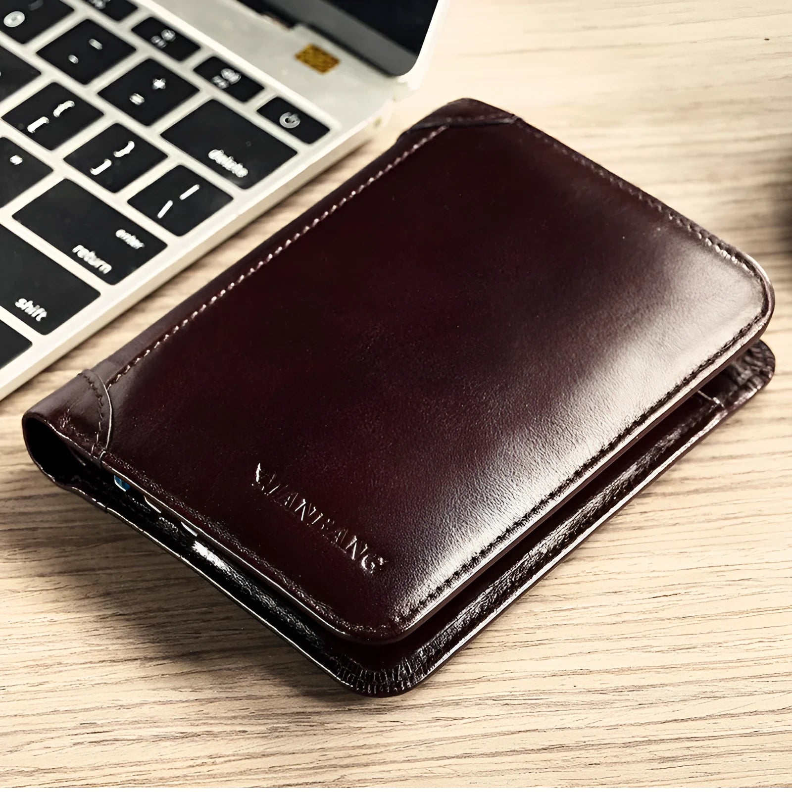 Men's leather wallet in black or brown with banknote folder, card slots, coin pocket, and photo window