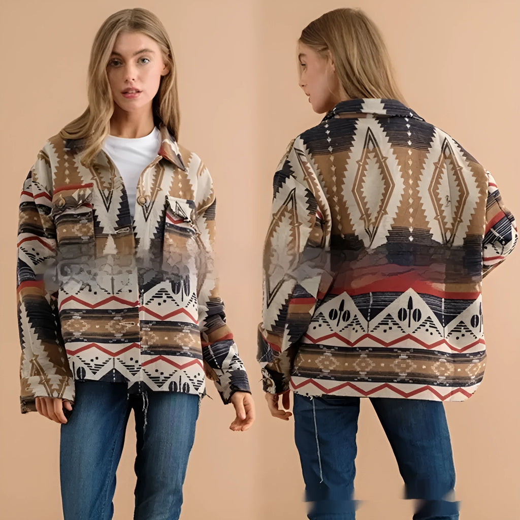 Women's Aztec printed retro jacket in woolen cotton blend fabric, showing sapphire blue colour option