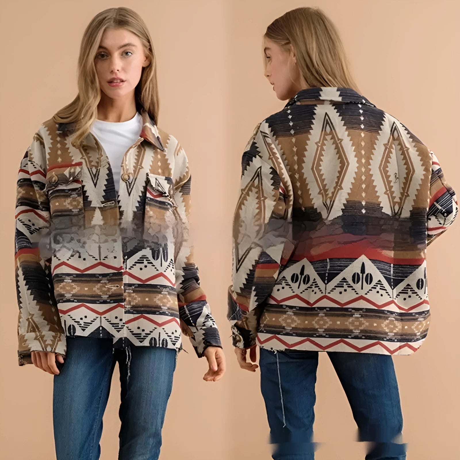 Women's Aztec printed retro jacket in woolen cotton blend fabric, showing sapphire blue colour option