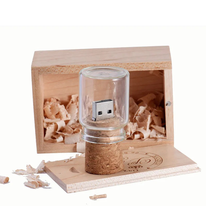 Chocolate brown wooden drift bottle shaped USB flash drive with personalised lettering graphic customisation