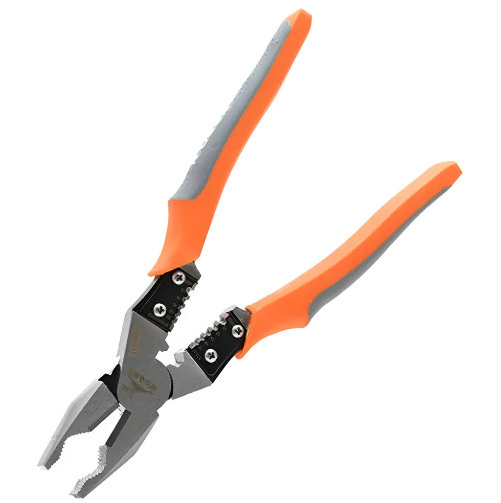Orange multi-function wire cutter pliers with PVC handles and chrome steel jaws