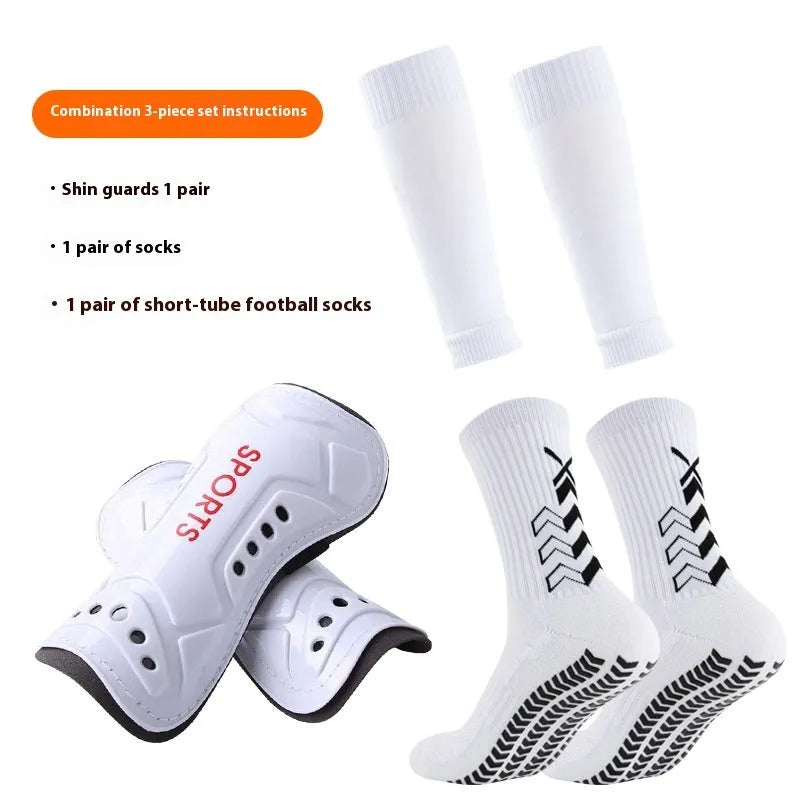 Thick below-the-knee long soccer shin guard set with non-slip socks and glue dispensing in multiple colours