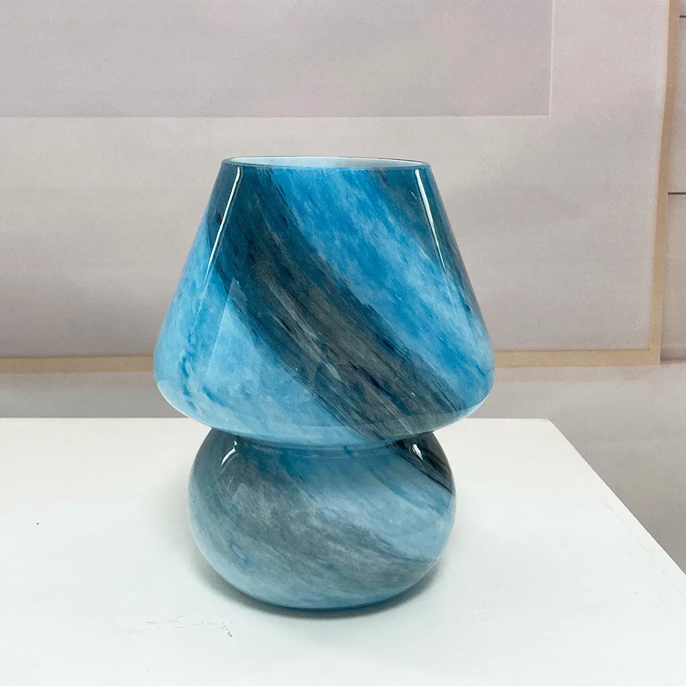 Handmade glass mushroom table lamp in Earth colour with E27 base on bedside table