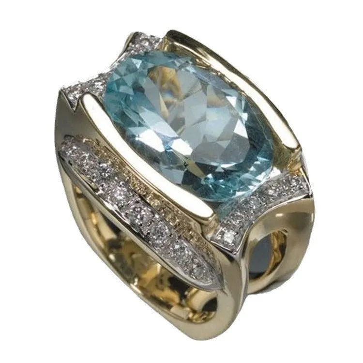 Light blue oval zircon with diamond accent ring, unisex alloy constellation style, size No 5 to No 11
