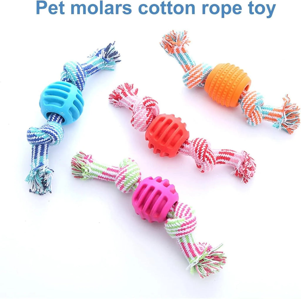 Blue molar-shaped dog chew toy with rope elements for teeth cleaning and oral health