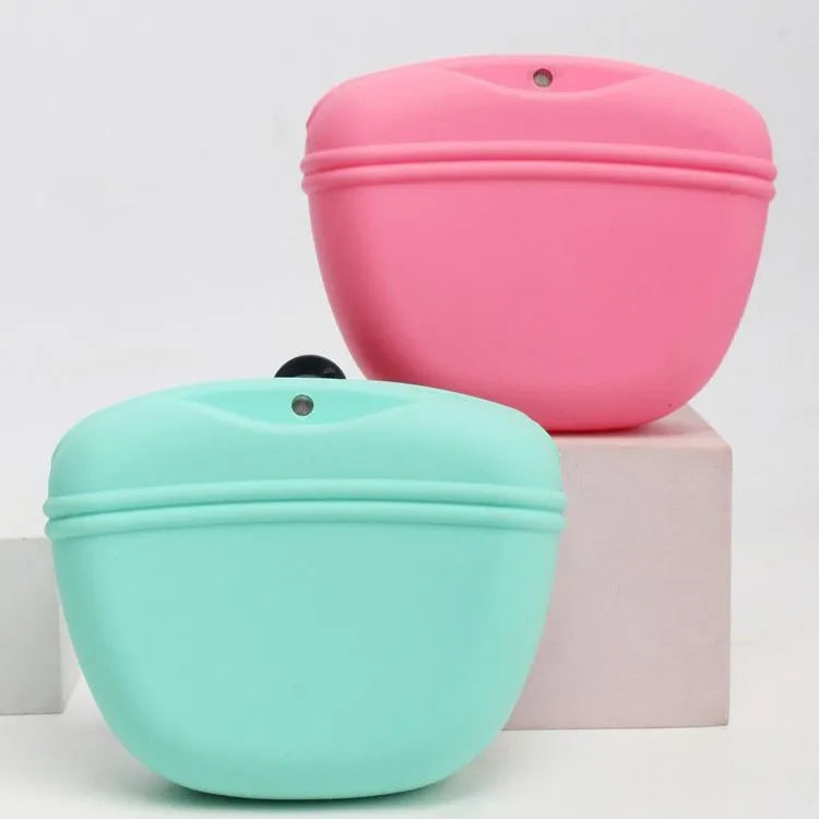 Silicone dog training treat pouch with belt clip and magnetic closure, shown in assorted colours.