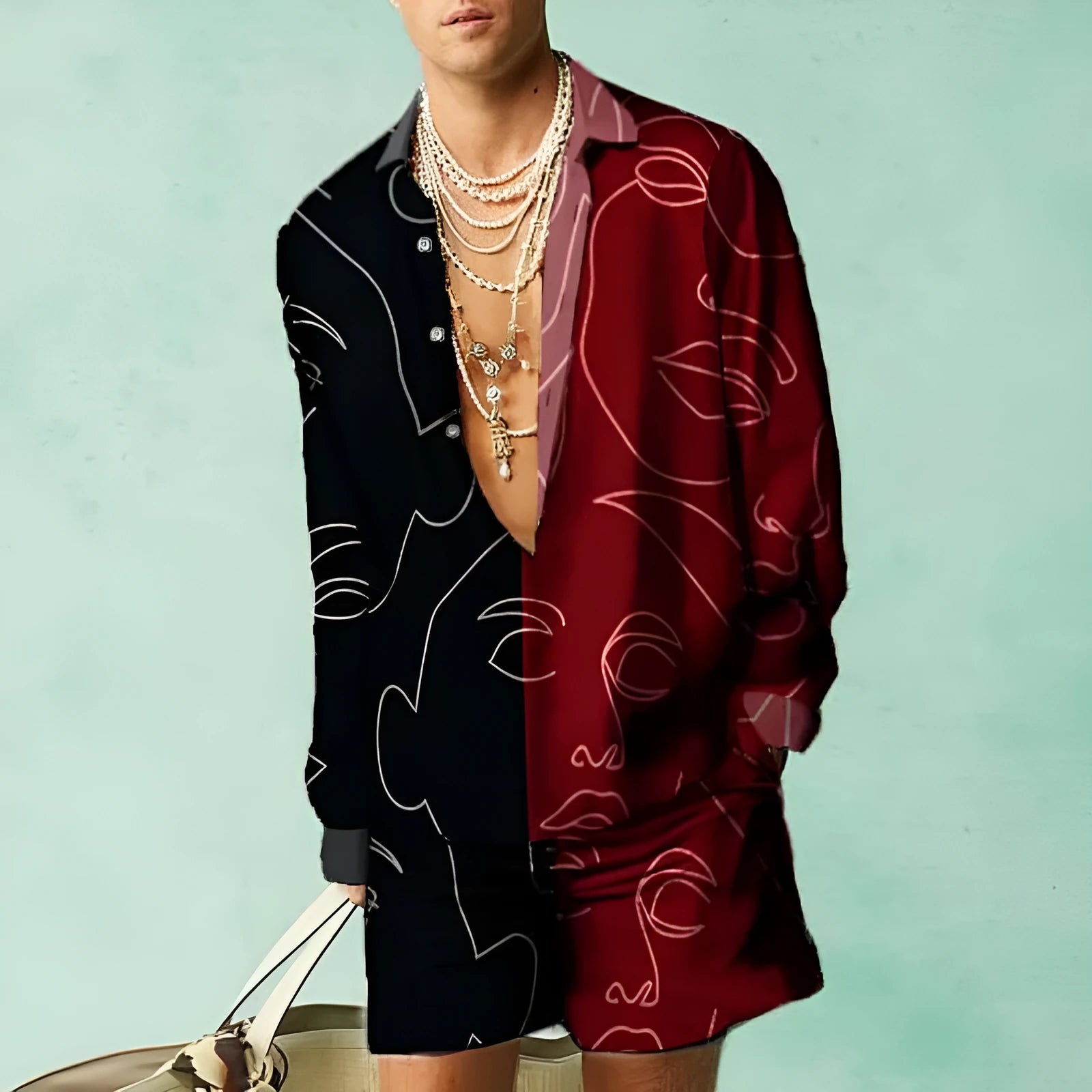 Men's summer casual outfit with slim fit long sleeve shirt and matching loose shorts