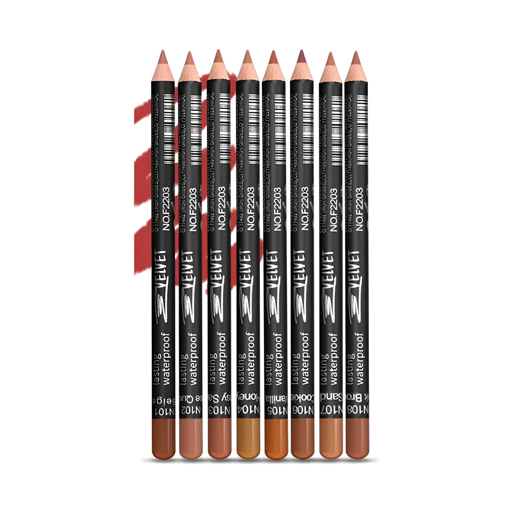 A lip liner pencil in a wooden barrel, shown with a sharp point, alongside swatches of its 14 available colour shades.