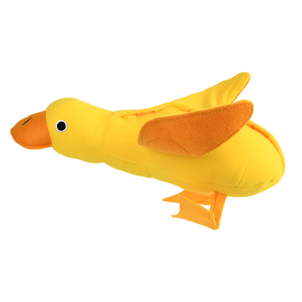 Yellow teddy-shaped rubber dog toy with squeaker duck sound and food leak holes