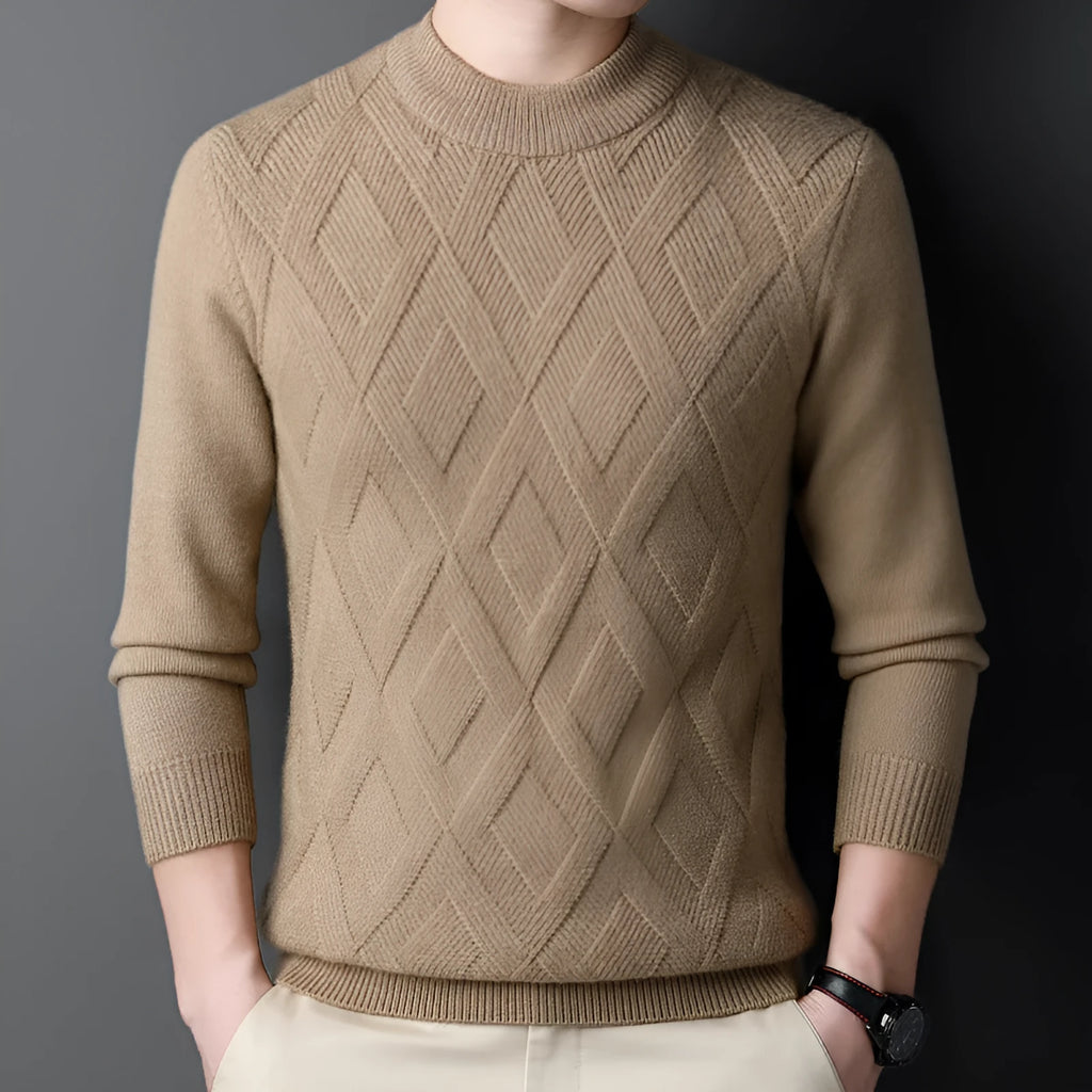 Men's thicken thermal wool diamond jacquard pullover sweater in plus size, shown in light camel colour.