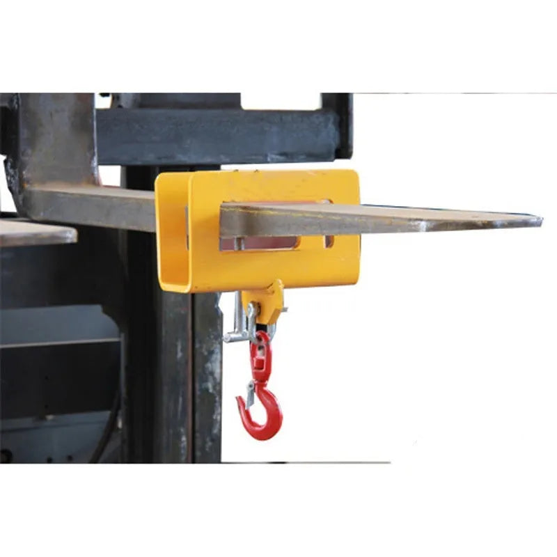 Iron rotatable drum crane locking hook for forklift attachment with safety lock.
