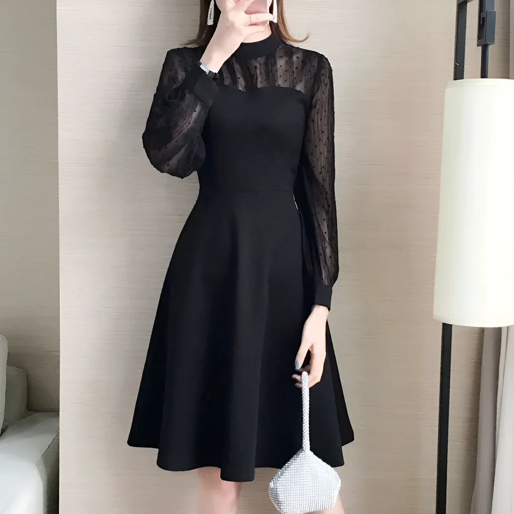 Black polyester lace long sleeve underdress with regular sleeve type shown on white background