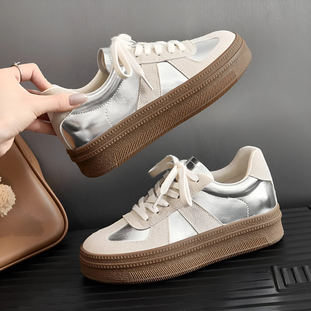 Retro beige and silver sports shoes with cross straps and round toe