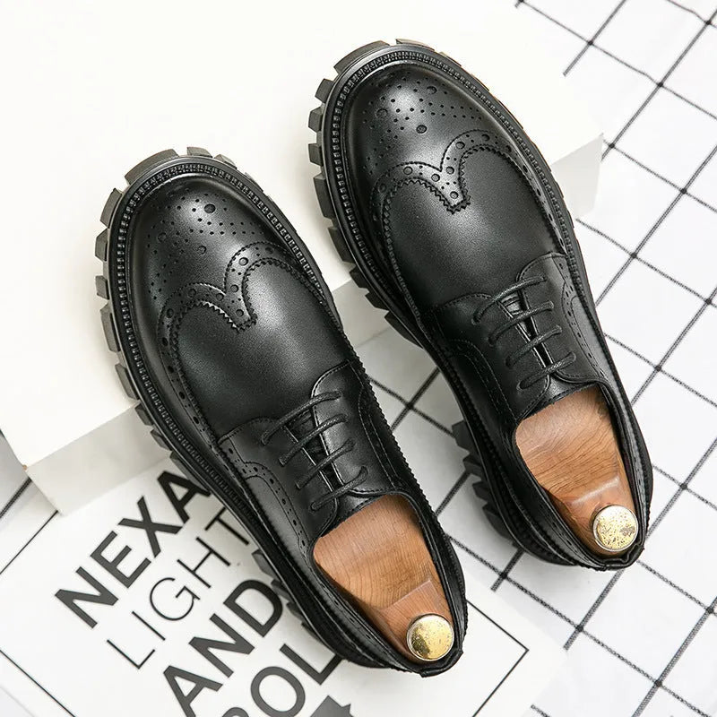 Men's black and brown artificial PU brogue business shoes with round toe on a white background.
