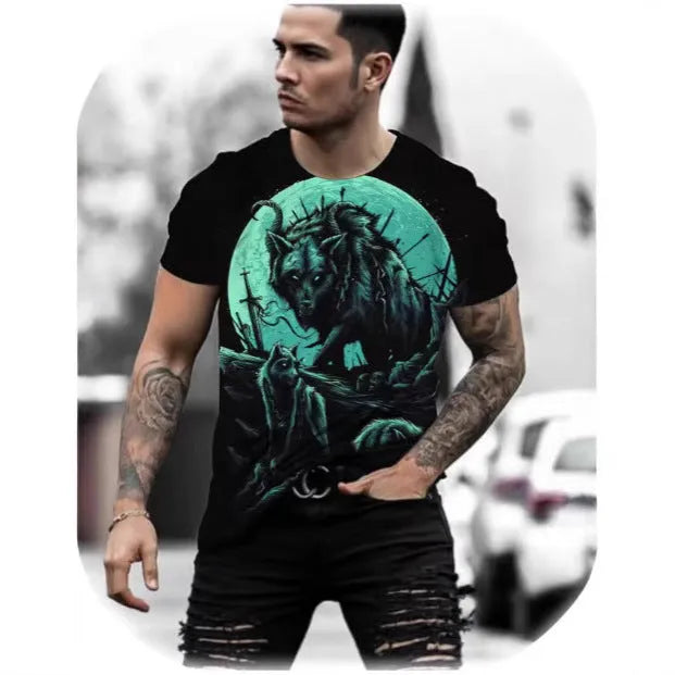 Men's short-sleeved T-shirt with a retro style 3D animal graphic print on light blue fabric.
