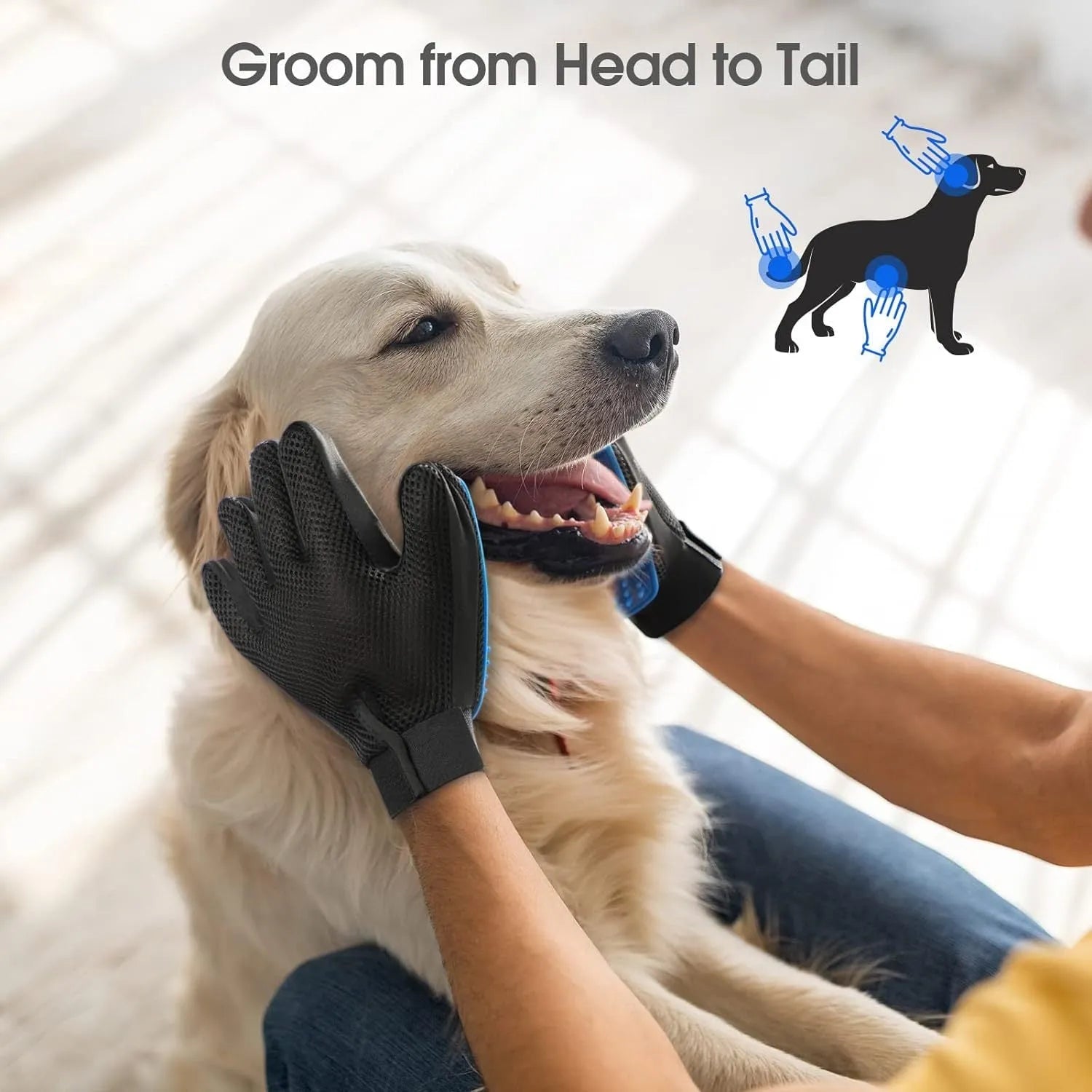 Blue pet grooming gloves with silicone tips for dog washing and cat hair removal