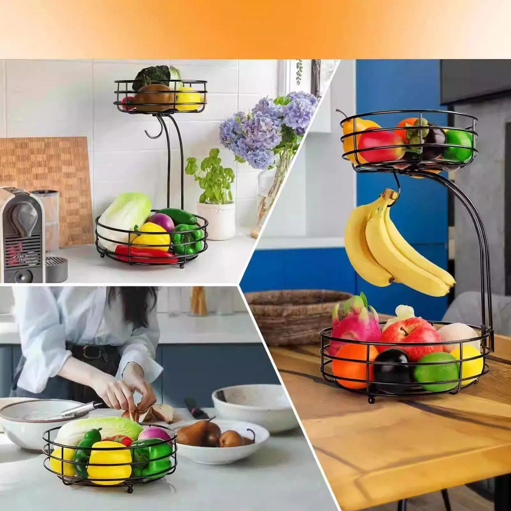 Black wrought iron double-layer fruit basket with open weave design for restaurant snack storage