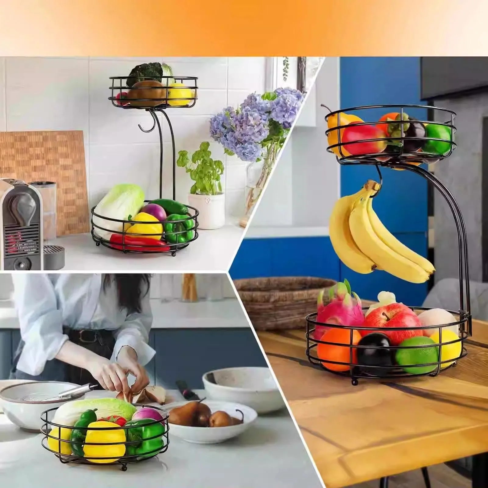 Black wrought iron double-layer fruit basket with open weave design for restaurant snack storage