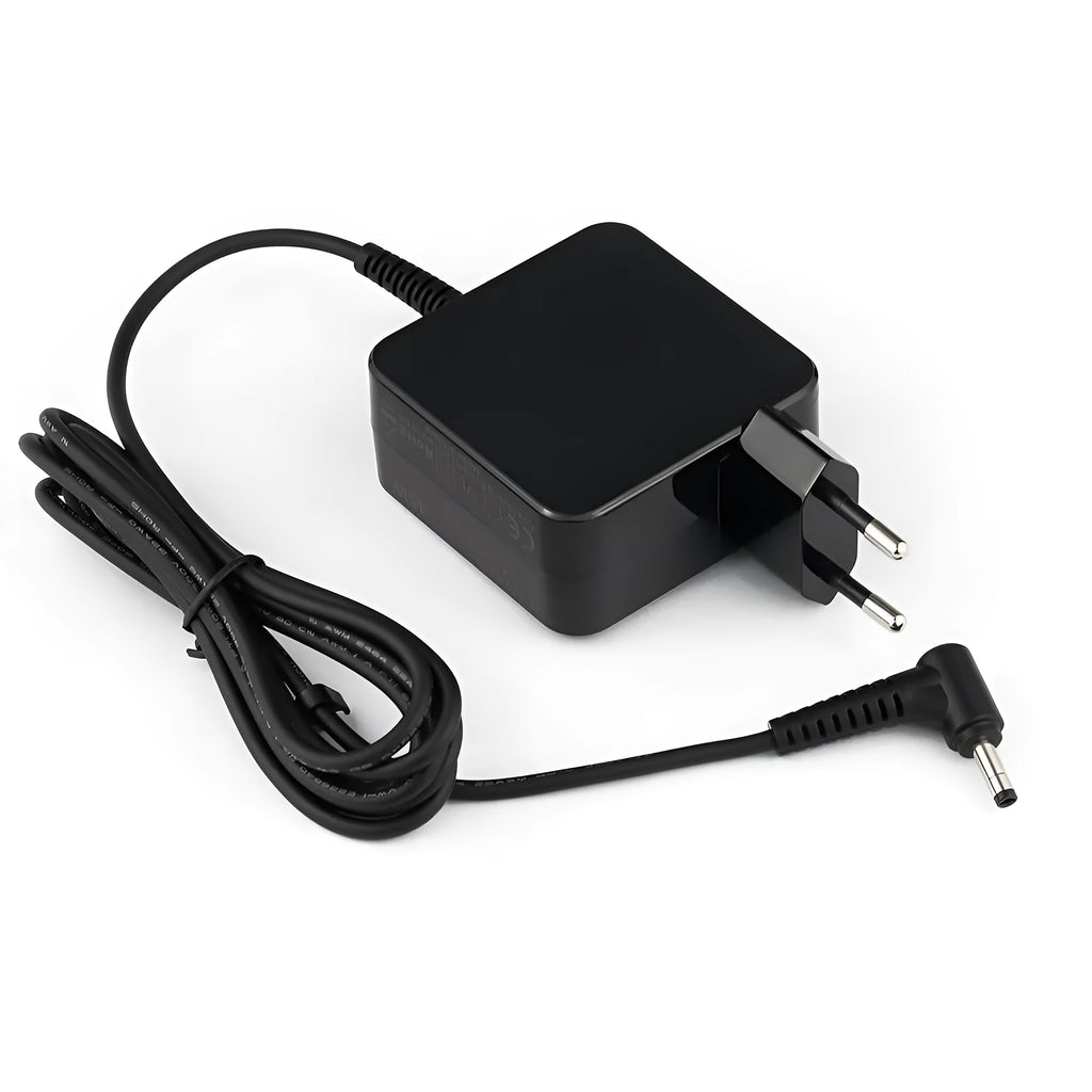 Black 45W Hua laptop adapter with American plug showing compact dimensions