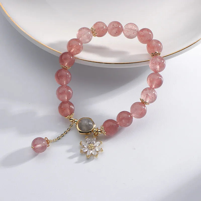 Natural strawberry quartz crystal bracelet with electroplated floral charm in Mori style