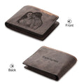 Coffee brown engraved horizontal short wallet showing personalisation service and compact 120mm dimensions