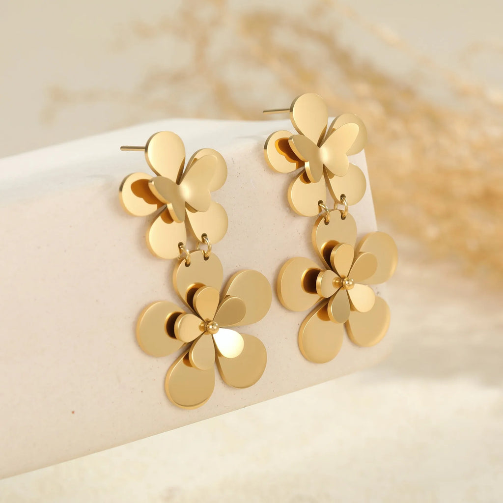 Gold butterfly earrings with floral design for women, stainless steel with 18K electroplating
