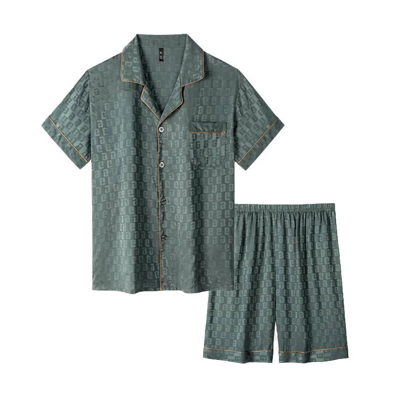 Men's lightweight ice silk pyjama set in a blue houndstooth satin jacquard pattern, showing cardigan top and shorts.