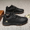 Men's black outdoor hiking shoes with rugged outsole for off-road trails, plus size fit